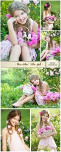  Beautiful little girl with wreath of roses on nature - stock photos 